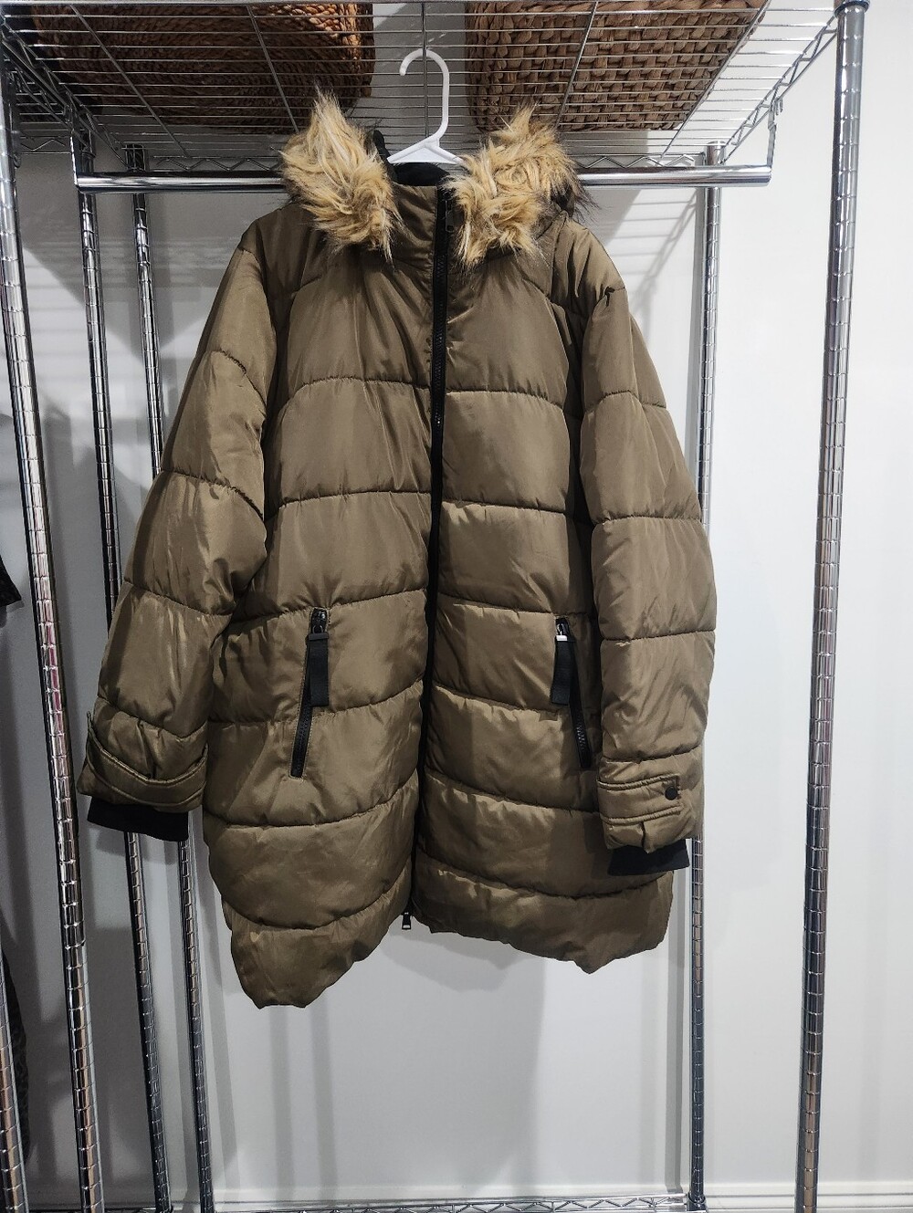 Lane Bryant Olive Green Puffer Coat with Faux Fur Trim